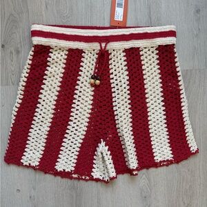 RARE NWT RHODE Alani Women’s Red & Cream Striped Crochet Shorts Size L Large